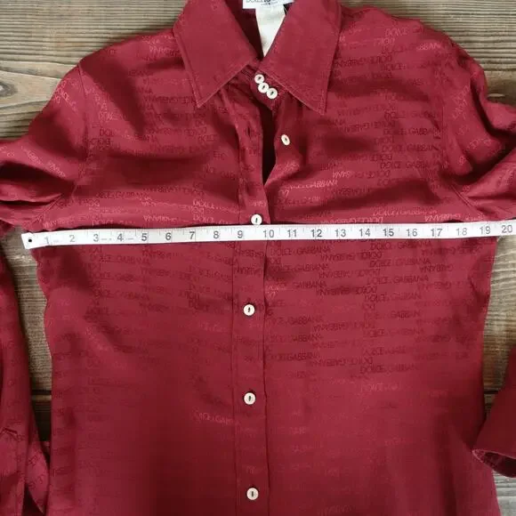 Vintage 90s Dolce & Gabbana Shirt Womens 44 Red Silk Logo Print Button Up Blouse